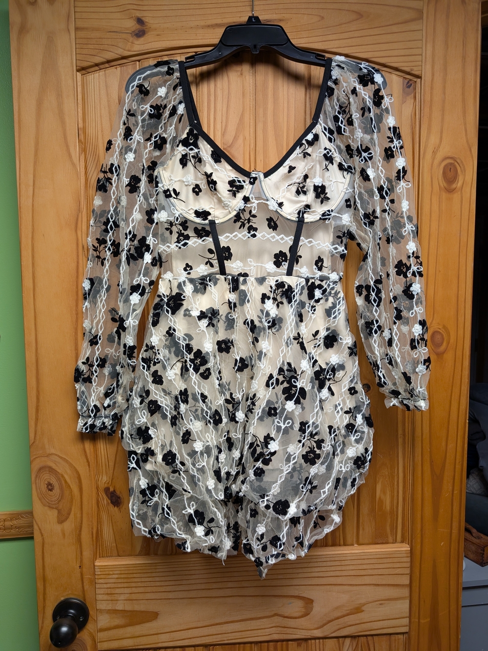 Sheer Floral Lace Dress - Black on Cream